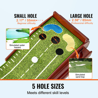 Golf Putting Mat, 5 Hole Indoor Golf Putting Green, Wrinkle-Free Golf Training Aid, Mini Golf Set with Auto-Ball Return, Alignment Guide, 3 Ball, Wood Base, Game Practice Gift for Home Offic