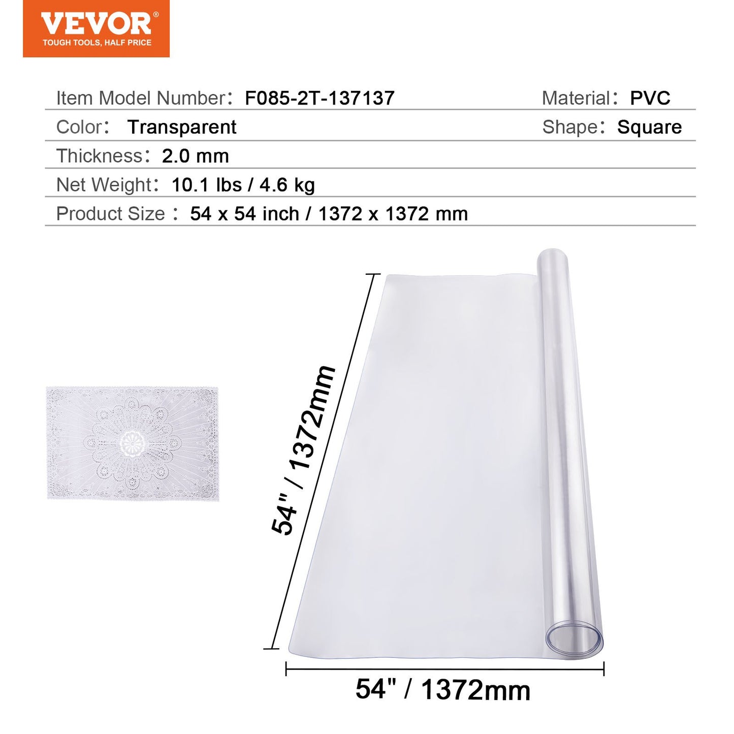 PVC bordsskydd 54x54 tum klar plast skrivbordsskydd 2,0 mm tjock