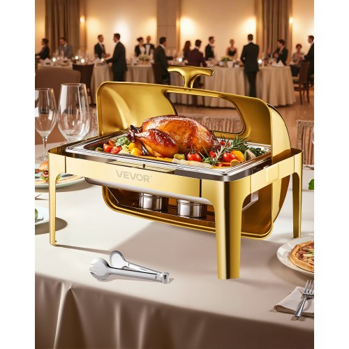 Roll Top Chafing Dish Buffet Complete Set, 9Qt Stainless Steel Chafer with Full Size Pan, Rectangle Catering Warmer Server with Visible Lid Water Pan Folding Stand Fuel Holder Meal Clip, Gold
