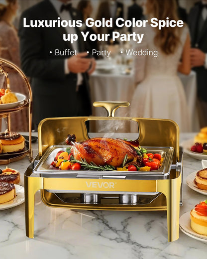 Roll Top Chafing Dish Buffet Complete Set, 9Qt Stainless Steel Chafer with Full Size Pan, Rectangle Catering Warmer Server with Visible Lid Water Pan Folding Stand Fuel Holder Meal Clip, Gold