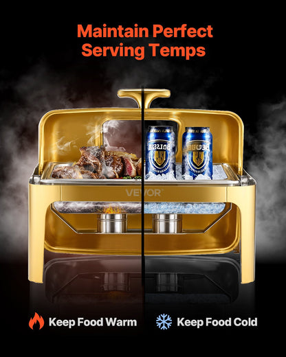 Roll Top Chafing Dish Buffet Complete Set, 9Qt Stainless Steel Chafer with Full Size Pan, Rectangle Catering Warmer Server with Visible Lid Water Pan Folding Stand Fuel Holder Meal Clip, Gold