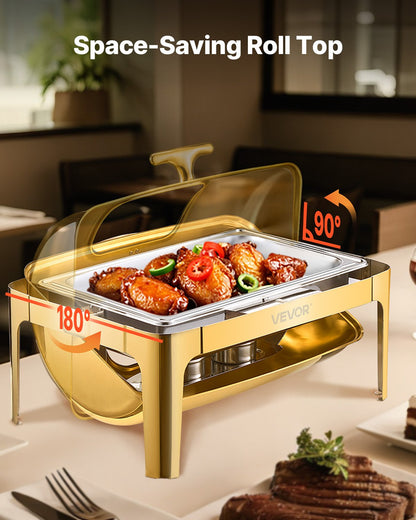 Roll Top Chafing Dish Buffet Complete Set, 9Qt Stainless Steel Chafer with Full Size Pan, Rectangle Catering Warmer Server with Visible Lid Water Pan Folding Stand Fuel Holder Meal Clip, Gold