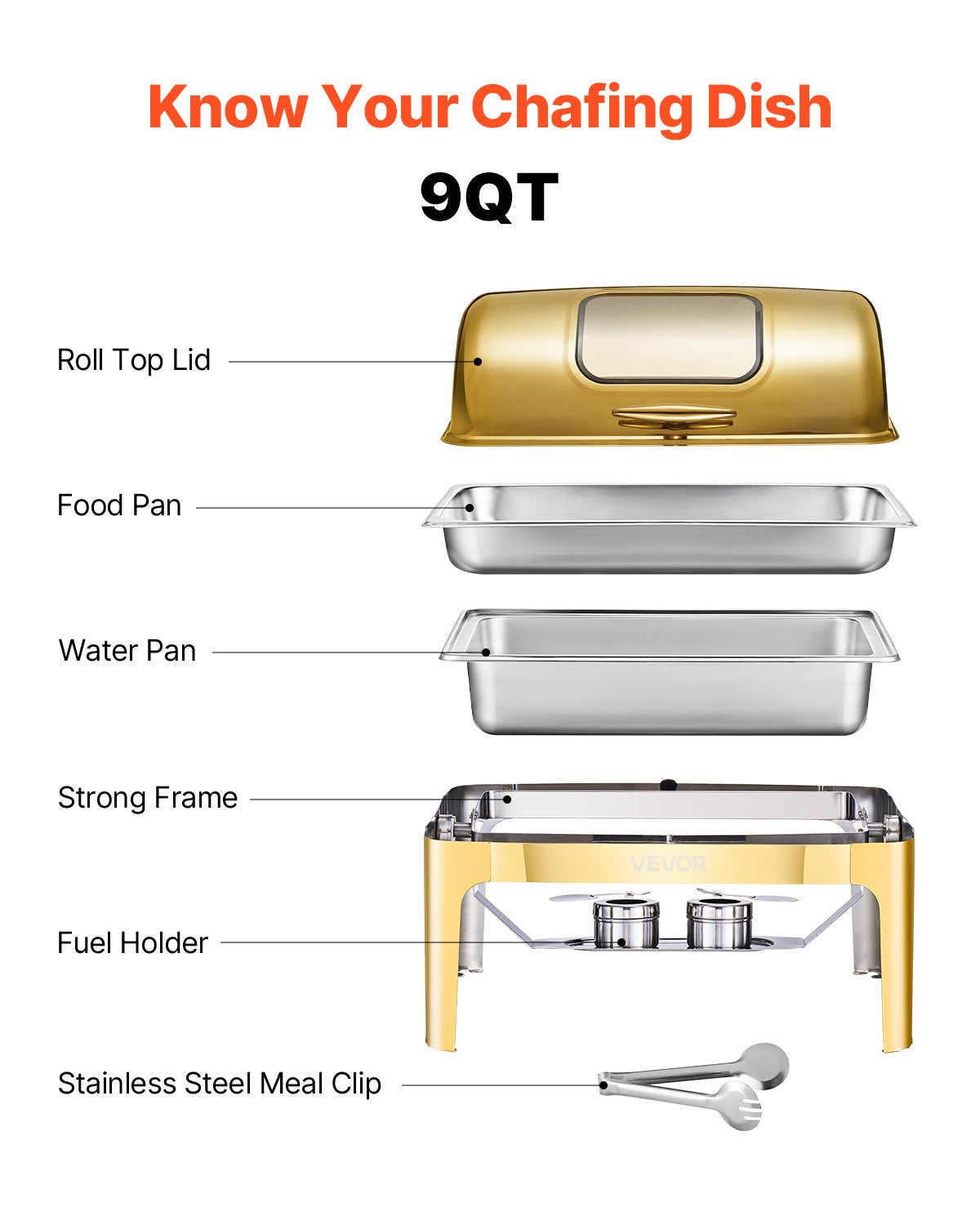Roll Top Chafing Dish Buffet Complete Set, 9Qt Stainless Steel Chafer with Full Size Pan, Rectangle Catering Warmer Server with Visible Lid Water Pan Folding Stand Fuel Holder Meal Clip, Gold