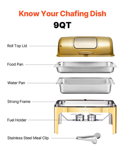 Roll Top Chafing Dish Buffet Complete Set, 9Qt Stainless Steel Chafer with Full Size Pan, Rectangle Catering Warmer Server with Visible Lid Water Pan Folding Stand Fuel Holder Meal Clip, Gold