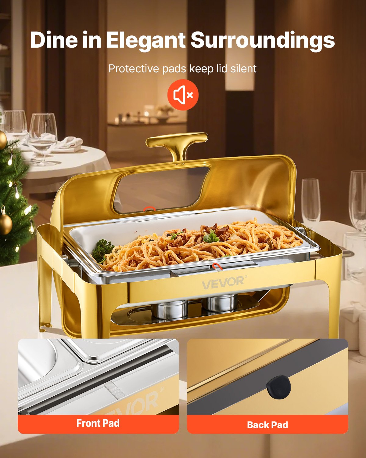 Roll Top Chafing Dish Buffet Complete Set, 9Qt Stainless Steel Chafer with Full Size Pan, Rectangle Catering Warmer Server with Visible Lid Water Pan Folding Stand Fuel Holder Meal Clip, Gold