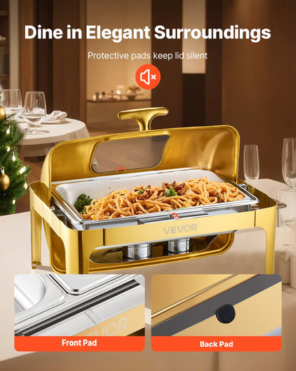 Roll Top Chafing Dish Buffet Complete Set, 9Qt Stainless Steel Chafer with Full Size Pan, Rectangle Catering Warmer Server with Visible Lid Water Pan Folding Stand Fuel Holder Meal Clip, Gold