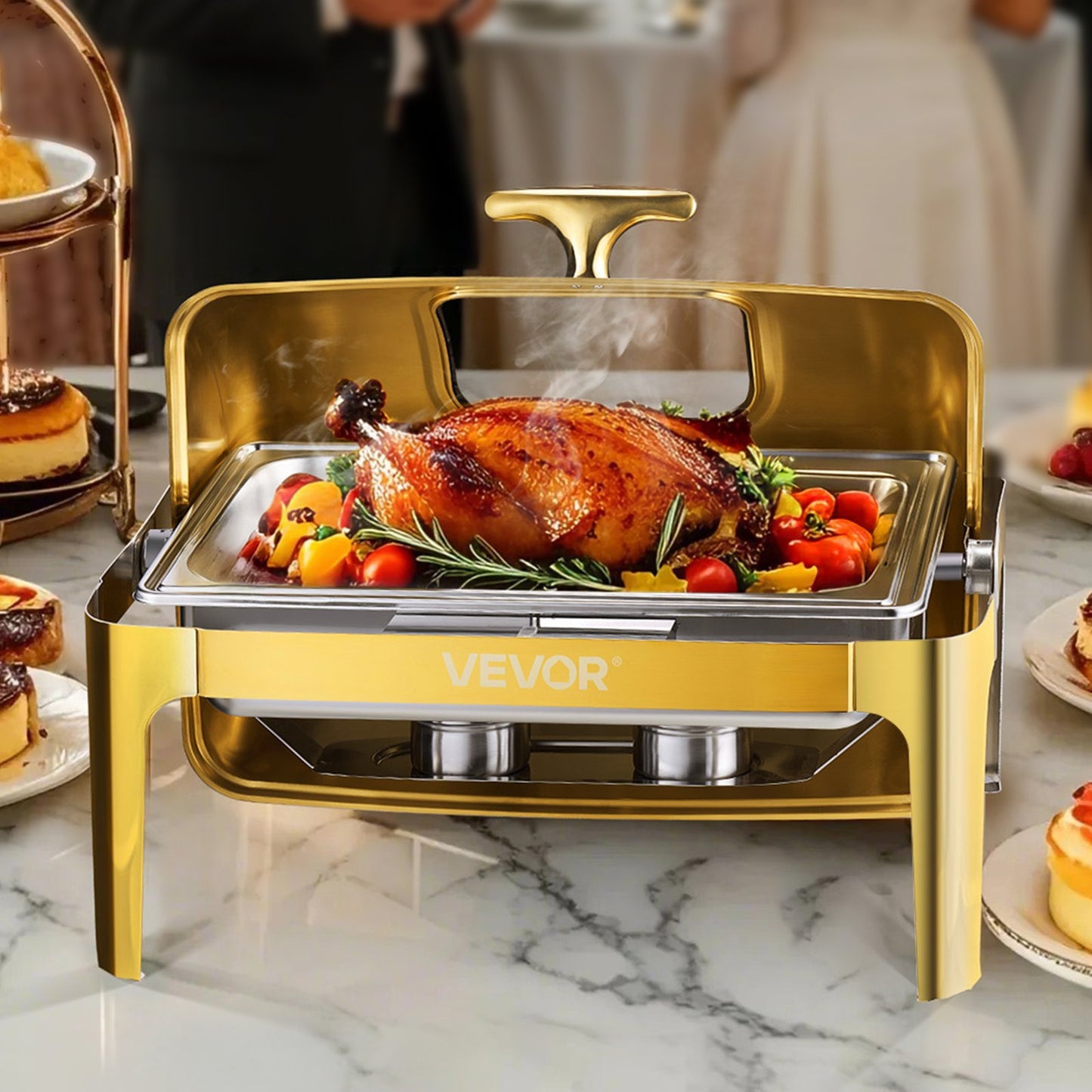 Roll Top Chafing Dish Buffet Complete Set, 9Qt Stainless Steel Chafer with Full Size Pan, Rectangle Catering Warmer Server with Visible Lid Water Pan Folding Stand Fuel Holder Meal Clip, Gold