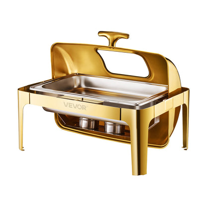 Roll Top Chafing Dish Buffet Complete Set, 9Qt Stainless Steel Chafer with Full Size Pan, Rectangle Catering Warmer Server with Visible Lid Water Pan Folding Stand Fuel Holder Meal Clip, Gold