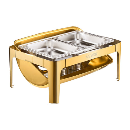 Roll Top Chafing Dish Buffet Complete Set, 9Qt Stainless Steel Chafer with Full Size Pan, Rectangle Catering Warmer Server with Visible Lid Water Pan Folding Stand Fuel Holder Meal Clip, Gold