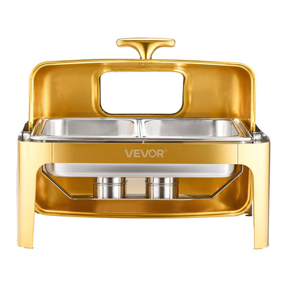 Roll Top Chafing Dish Buffet Complete Set, 9Qt Stainless Steel Chafer with Full Size Pan, Rectangle Catering Warmer Server with Visible Lid Water Pan Folding Stand Fuel Holder Meal Clip, Gold