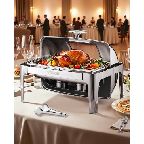 Roll Top Chafing Dish Buffet Complete Set, 9 Qt 1 Pack Stainless Steel Chafer with 2 Half Size Pans, Rectangle Catering Warmer Server with Visible Lid Water Pan Folding Stand Fuel Holder, Silver
