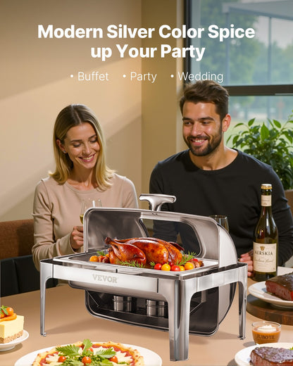 Roll Top Chafing Dish Buffet Complete Set, 9 Qt 1 Pack Stainless Steel Chafer with 2 Half Size Pans, Rectangle Catering Warmer Server with Visible Lid Water Pan Folding Stand Fuel Holder, Silver