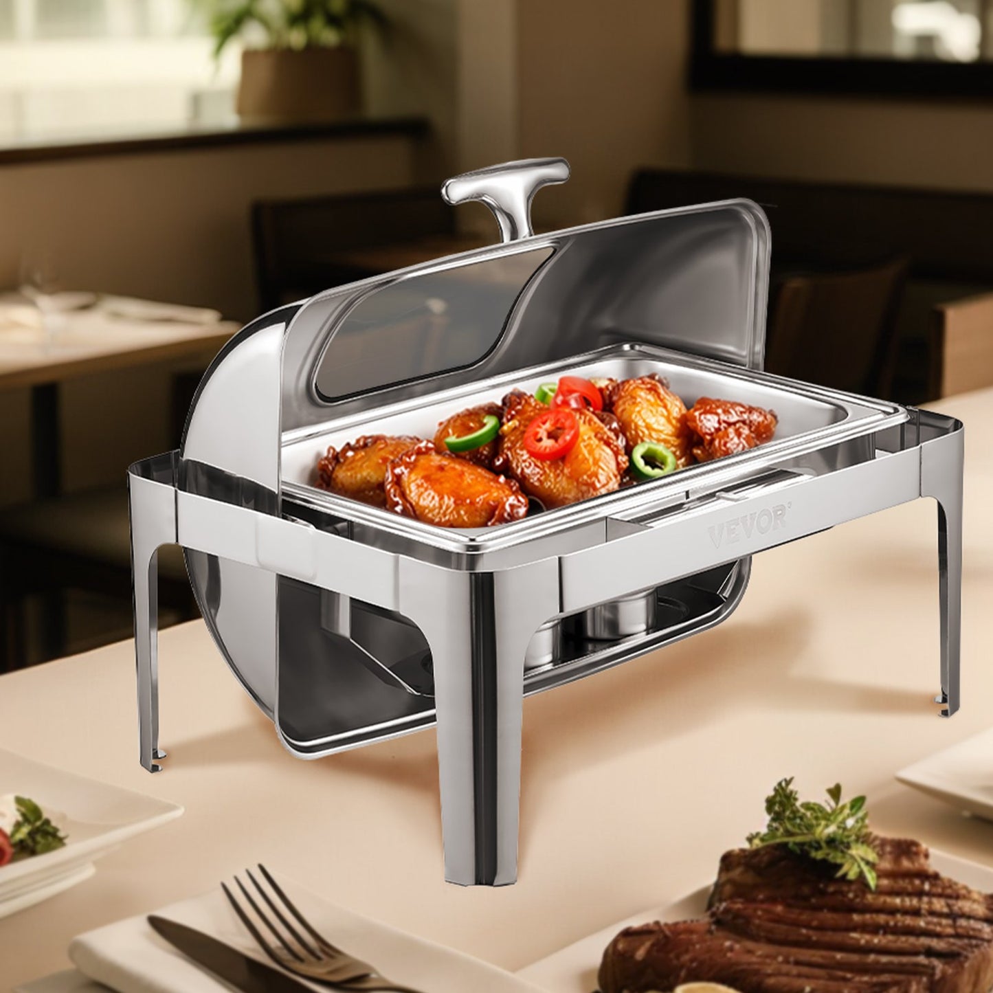 Roll Top Chafing Dish Buffet Complete Set, 9 Qt 1 Pack Stainless Steel Chafer with 2 Half Size Pans, Rectangle Catering Warmer Server with Visible Lid Water Pan Folding Stand Fuel Holder, Silver