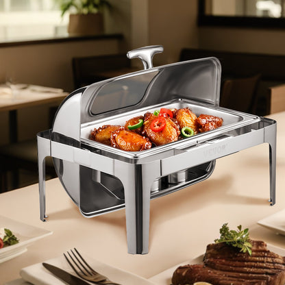 Roll Top Chafing Dish Buffet Complete Set, 9 Qt 1 Pack Stainless Steel Chafer with 2 Half Size Pans, Rectangle Catering Warmer Server with Visible Lid Water Pan Folding Stand Fuel Holder, Silver