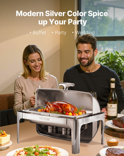 Roll Top Chafing Dish Buffet Complete Set, 9Qt Stainless Steel Chafer with Full Size Pan, Rectangle Catering Warmer Server with Lid Water Pan Folding Stand Fuel Holder Meal Clip, Silver