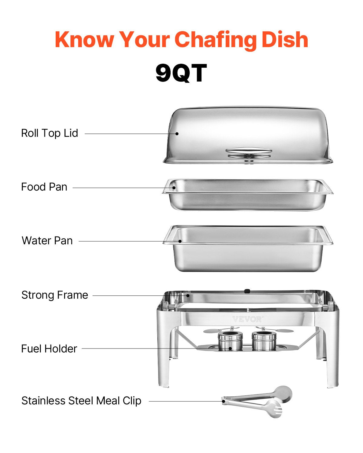 Roll Top Chafing Dish Buffet Complete Set, 9Qt Stainless Steel Chafer with Full Size Pan, Rectangle Catering Warmer Server with Lid Water Pan Folding Stand Fuel Holder Meal Clip, Silver