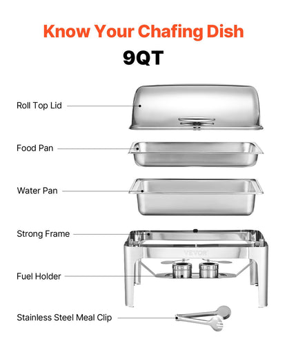 Roll Top Chafing Dish Buffet Complete Set, 9Qt Stainless Steel Chafer with Full Size Pan, Rectangle Catering Warmer Server with Lid Water Pan Folding Stand Fuel Holder Meal Clip, Silver