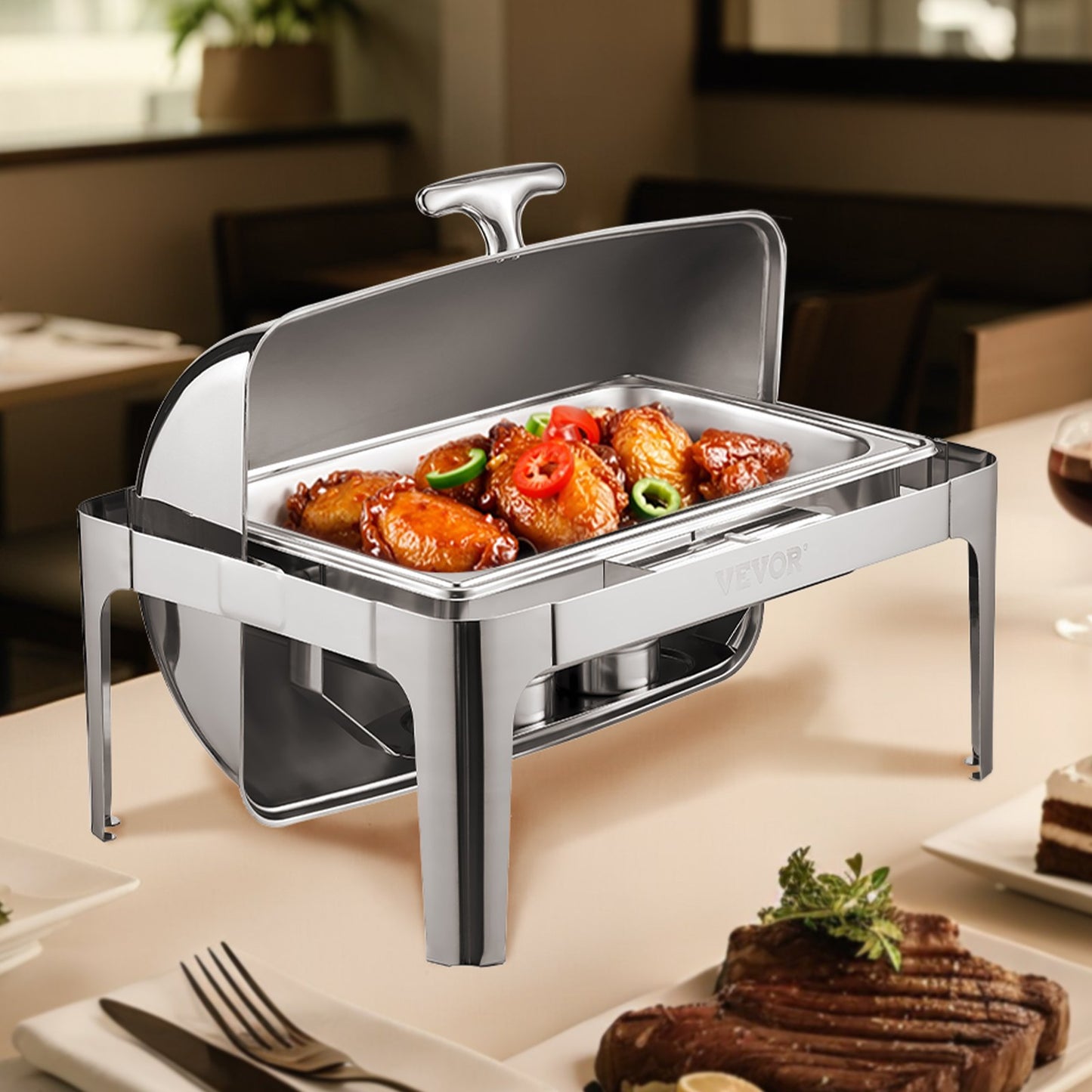 Roll Top Chafing Dish Buffet Complete Set, 9Qt Stainless Steel Chafer with Full Size Pan, Rectangle Catering Warmer Server with Lid Water Pan Folding Stand Fuel Holder Meal Clip, Silver