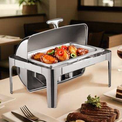 Roll Top Chafing Dish Buffet Complete Set, 9Qt Stainless Steel Chafer with Full Size Pan, Rectangle Catering Warmer Server with Lid Water Pan Folding Stand Fuel Holder Meal Clip, Silver