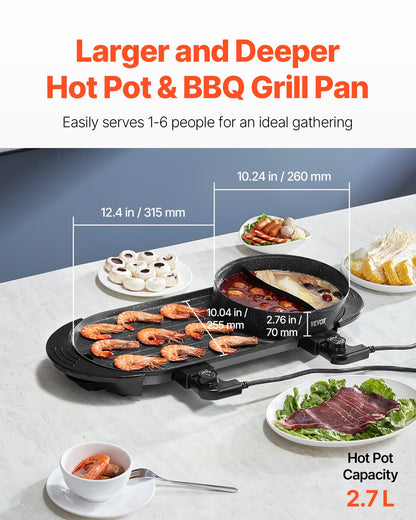 Hot Pot with Grill, 2200W 2-in-1 Electric Smokeless Grill and Hot Pot, Korean BBQ Shabu Shabu Hotpot with Separate Dual Temperature Control, Non-stick Pan, for 1-6 People Family Dinning