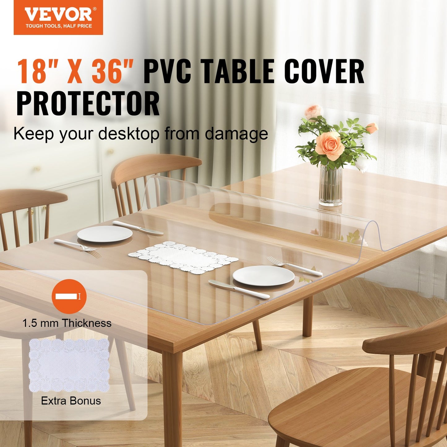 Clear Table Cover Protector, 18" x 36" Rectangle Table Cover, 1.5 mm Thick PVC Plastic Tablecloth, Waterproof Desktop Protector for Writing Desk, Coffee Table, Dining Room Table