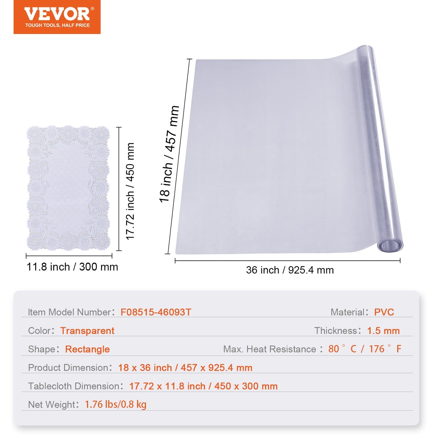 Clear Table Cover Protector, 18" x 36" Rectangle Table Cover, 1.5 mm Thick PVC Plastic Tablecloth, Waterproof Desktop Protector for Writing Desk, Coffee Table, Dining Room Table
