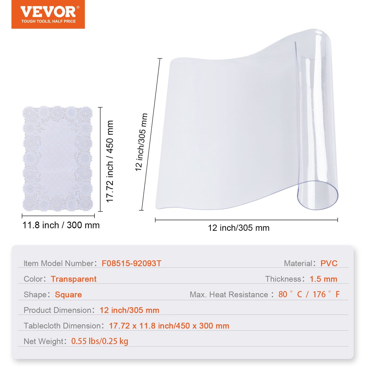 Clear Table Cover Protector, 12" x 12"/305 x 305 mm Table Cover, 1.5 mm Thick PVC Plastic Tablecloth, Waterproof Desktop Protector for Writing Desk, Coffee Table, Dining Room Table