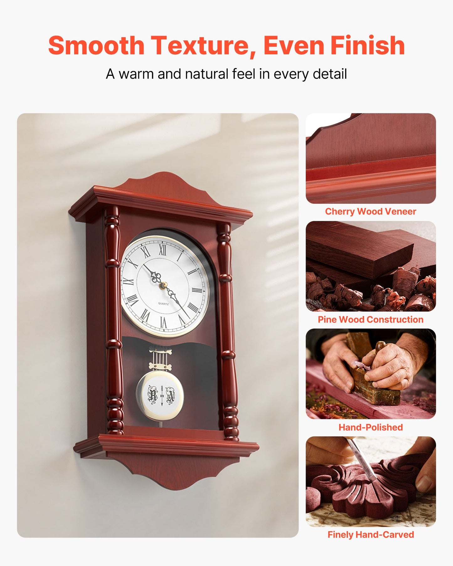 Grandfather Clock, 18 in Classic Vintage Pendulum Clock, Pine Wood & MDF Wall Clocks with Quartz Movement and Quiet Design, for Living Room, Bedroom, Home Decor, and Gift (Cherry Tone Finish)