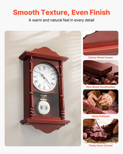 Grandfather Clock, 18 in Classic Vintage Pendulum Clock, Pine Wood & MDF Wall Clocks with Quartz Movement and Quiet Design, for Living Room, Bedroom, Home Decor, and Gift (Cherry Tone Finish)