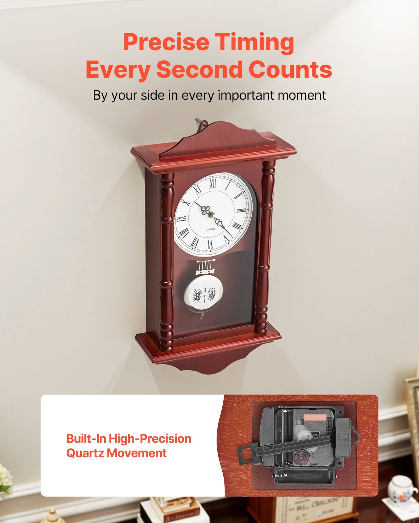 Grandfather Clock, 18 in Classic Vintage Pendulum Clock, Pine Wood & MDF Wall Clocks with Quartz Movement and Quiet Design, for Living Room, Bedroom, Home Decor, and Gift (Cherry Tone Finish)