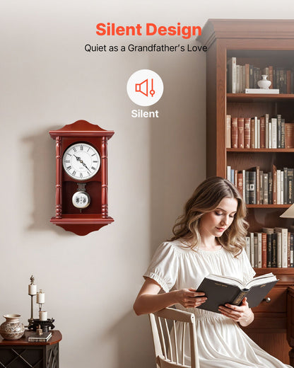 Grandfather Clock, 18 in Classic Vintage Pendulum Clock, Pine Wood & MDF Wall Clocks with Quartz Movement and Quiet Design, for Living Room, Bedroom, Home Decor, and Gift (Cherry Tone Finish)