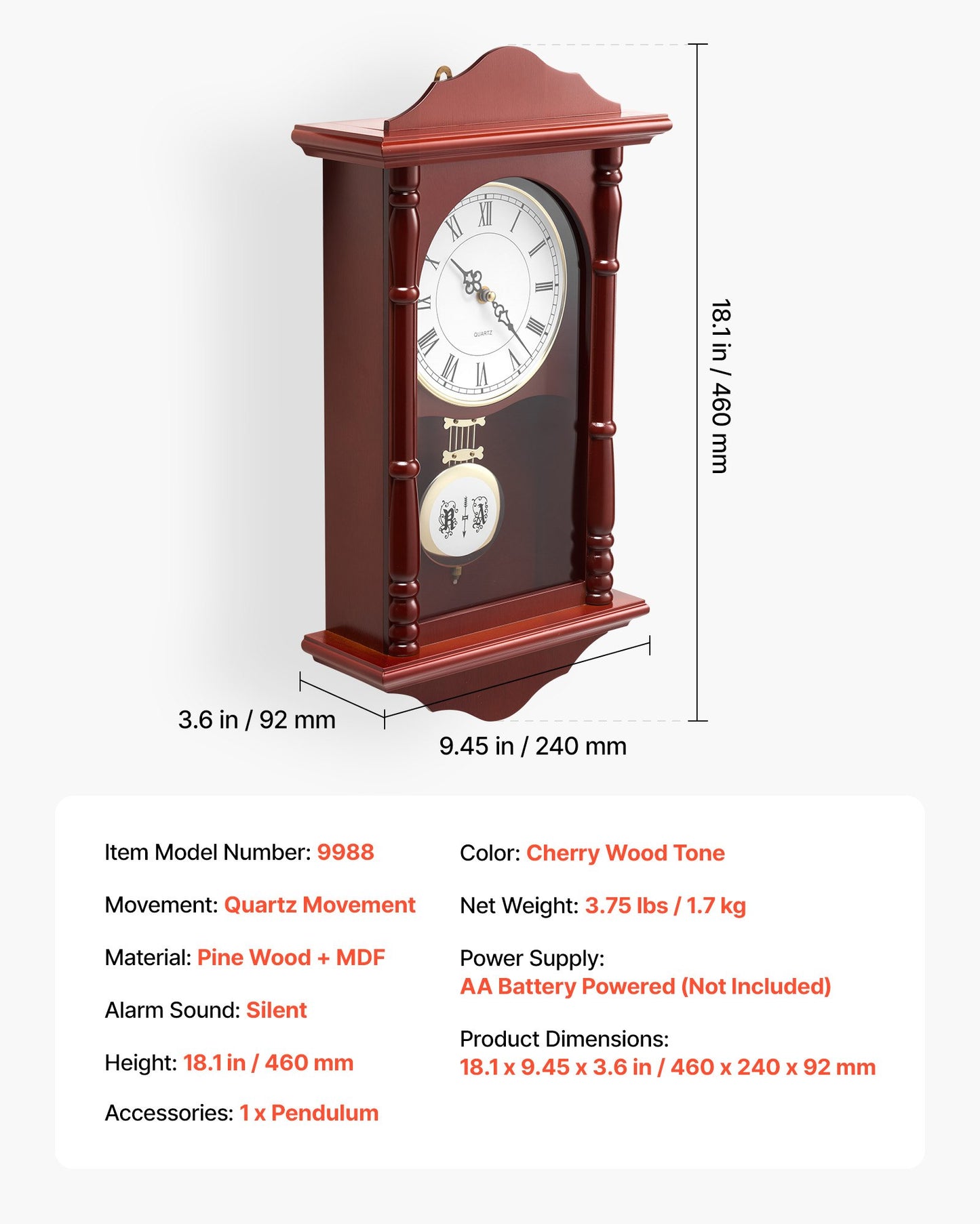 Grandfather Clock, 18 in Classic Vintage Pendulum Clock, Pine Wood & MDF Wall Clocks with Quartz Movement and Quiet Design, for Living Room, Bedroom, Home Decor, and Gift (Cherry Tone Finish)