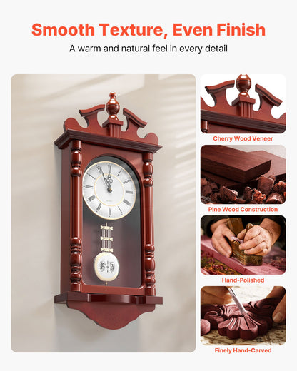 Grandfather Clock, 23.2 in Classic Vintage Pendulum Clock, Pine Wood & MDF Wall Clocks with Quartz Movement and Quiet Design, for Living Room, Bedroom, Home Decor & Gift (Cherry Tone Finish)