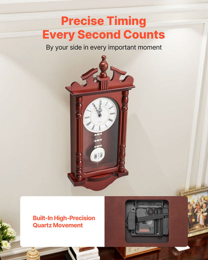 Grandfather Clock, 23.2 in Classic Vintage Pendulum Clock, Pine Wood & MDF Wall Clocks with Quartz Movement and Quiet Design, for Living Room, Bedroom, Home Decor & Gift (Cherry Tone Finish)