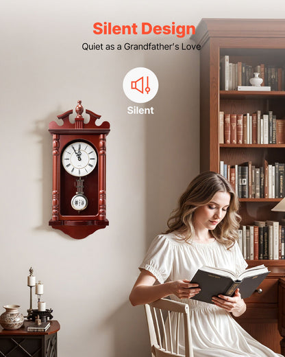 Grandfather Clock, 23.2 in Classic Vintage Pendulum Clock, Pine Wood & MDF Wall Clocks with Quartz Movement and Quiet Design, for Living Room, Bedroom, Home Decor & Gift (Cherry Tone Finish)