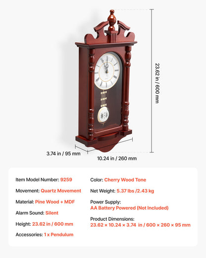 Grandfather Clock, 23.2 in Classic Vintage Pendulum Clock, Pine Wood & MDF Wall Clocks with Quartz Movement and Quiet Design, for Living Room, Bedroom, Home Decor & Gift (Cherry Tone Finish)