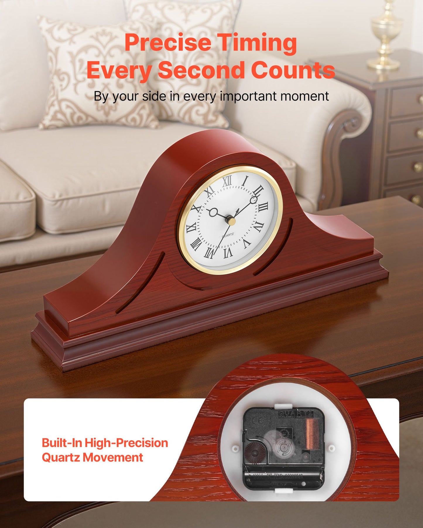 Grandfather Clock, 6.4 in Classic Vintage Grandfather Clock, MDF Mantel Clocks with Built-In Quartz Movement and Quiet Design, for Living Room, Bedroom, Home Decor & Gift (Cherry Tone Finish)