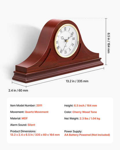 Grandfather Clock, 6.4 in Classic Vintage Grandfather Clock, MDF Mantel Clocks with Built-In Quartz Movement and Quiet Design, for Living Room, Bedroom, Home Decor & Gift (Cherry Tone Finish)