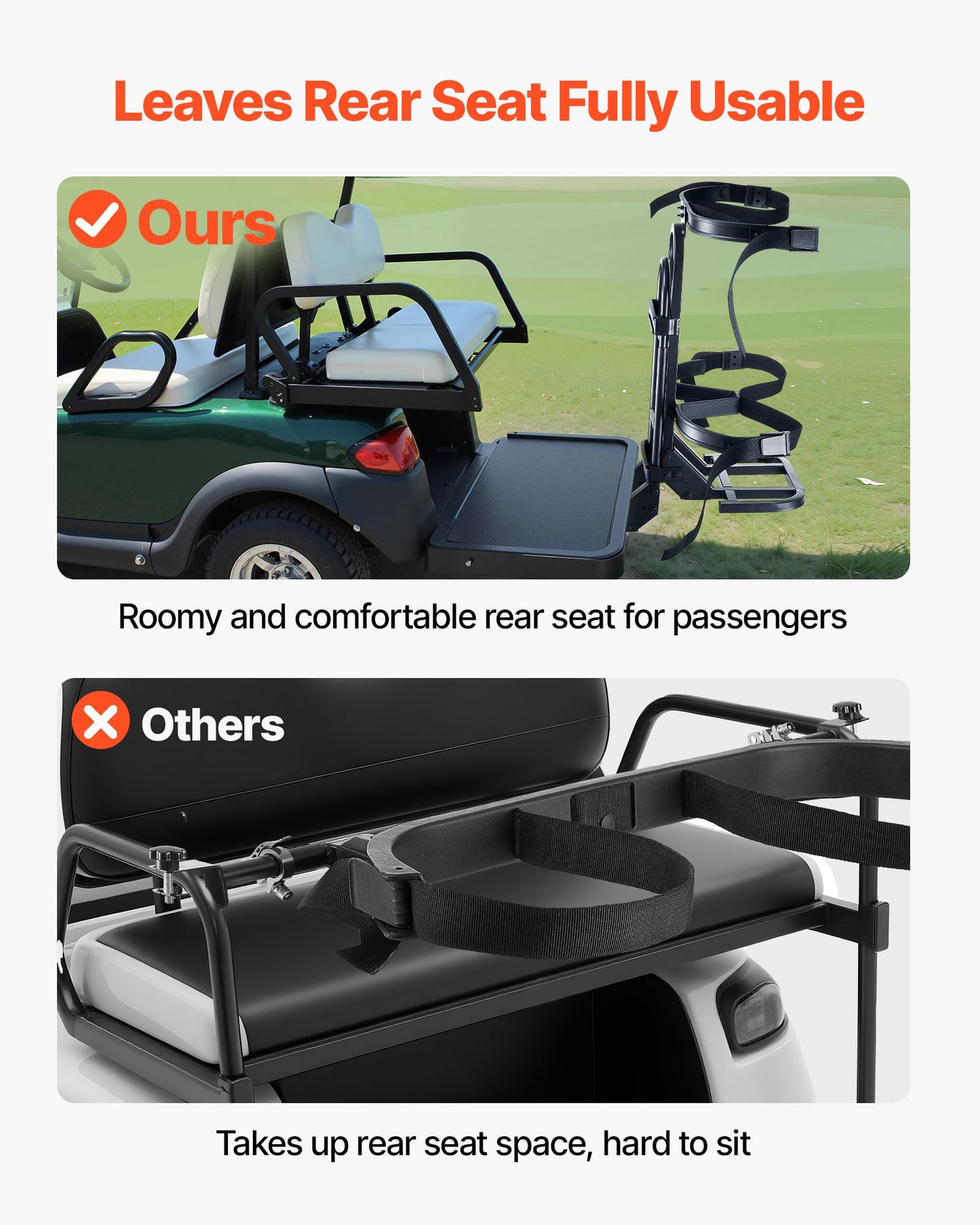 Golf Cart Rear Seat Bag Holder, 27.1 x 15.6 x 29.7 inch, Compatible with Most Golf Carts with Rear Seat Grab Bar, Space-Saving Carbon Steel Bag Holder Bracket, No-Drilling Installation, Black