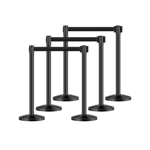 Stanchion Post, 6 Pcs Stanchions with Retractable Belts, Carbon Steel Black Stanchions Queue with Sand Injection Hollow Base, Crowd Control Barriers for Theaters, Parties, Weddings, Exhibitions