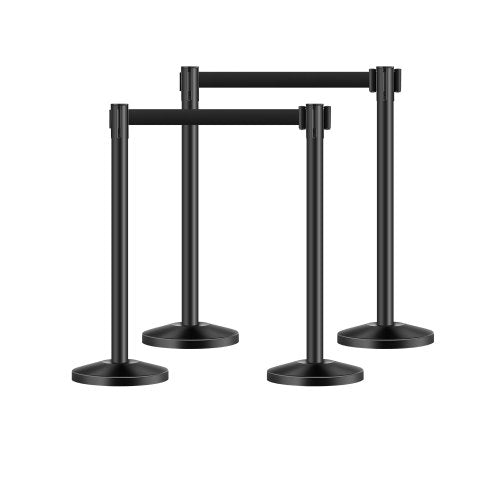 Stanchion Post, 4 Pcs Stanchions with Retractable Belts, Carbon Steel Black Stanchions Queue with Sand Injection Hollow Base, Crowd Control Barriers for Theaters, Parties, Weddings, Exhibitions