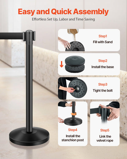 Stanchion Post, 8 Pcs Stanchions with Retractable Belts, Carbon Steel Black Stanchions Queue with Sand Injection Hollow Base, Crowd Control Barriers for Theaters, Parties, Weddings, Exhibitions