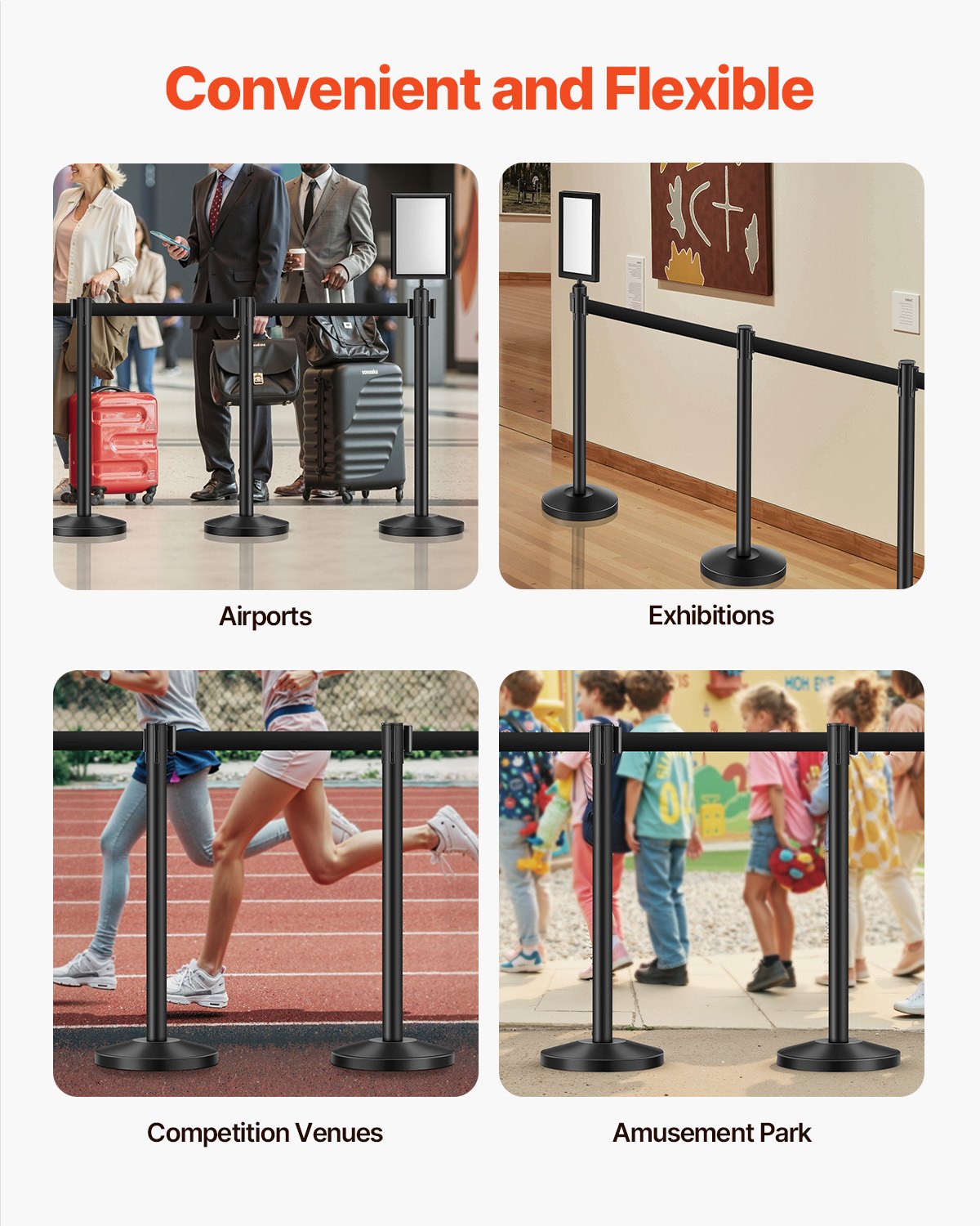 Stanchion Post, 8 Pcs Stanchions with Retractable Belts, Carbon Steel Black Stanchions Queue with Sand Injection Hollow Base, Crowd Control Barriers for Theaters, Parties, Weddings, Exhibitions