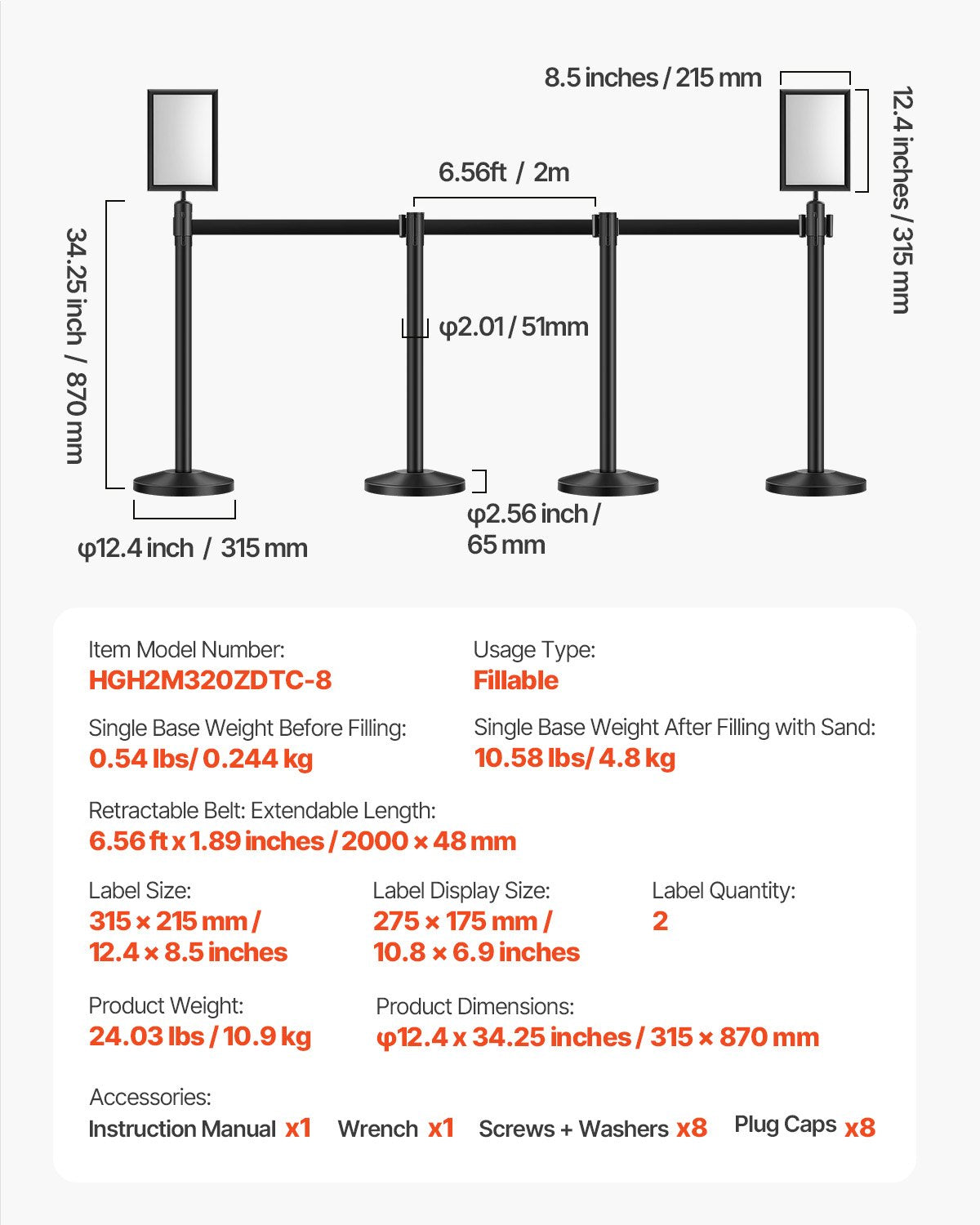 Stanchion Post, 8 Pcs Stanchions with Retractable Belts, Carbon Steel Black Stanchions Queue with Sand Injection Hollow Base, Crowd Control Barriers for Theaters, Parties, Weddings, Exhibitions