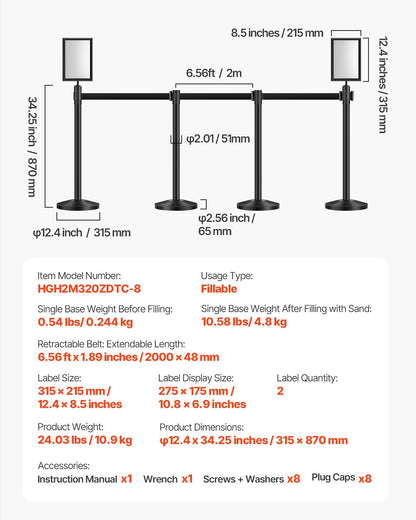 Stanchion Post, 8 Pcs Stanchions with Retractable Belts, Carbon Steel Black Stanchions Queue with Sand Injection Hollow Base, Crowd Control Barriers for Theaters, Parties, Weddings, Exhibitions