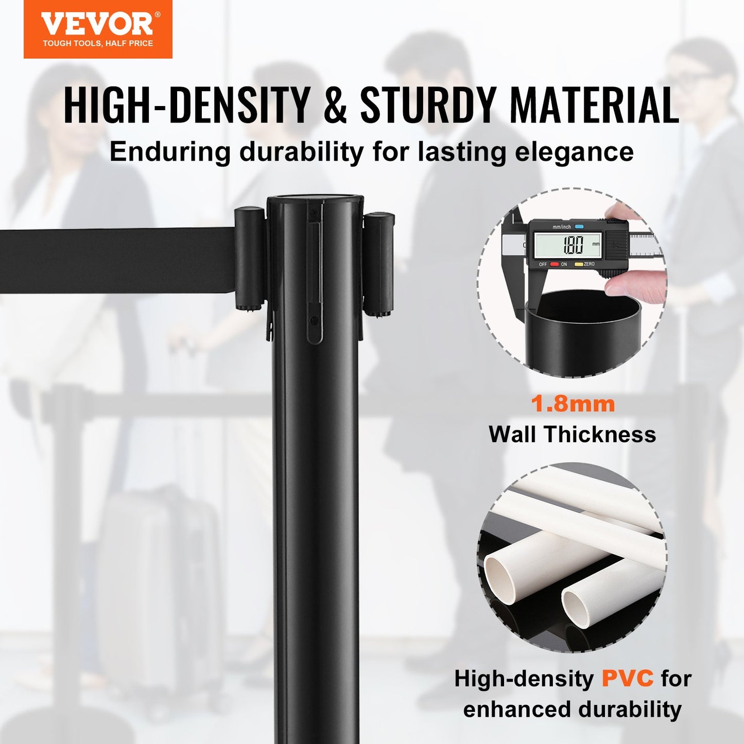 Absperrstangen, 6er-Pack Absperrgitter mit 3 schwarzen einziehbaren Gurten (2 m), Kunststoff-Warteschlangenstangen, Gurtabsperrstangen, Linientrennstangen für Flughäfen und Ausstellungen