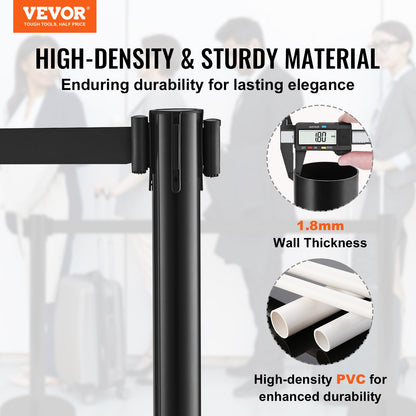 Absperrstangen, 6er-Pack Absperrgitter mit 3 schwarzen einziehbaren Gurten (2 m), Kunststoff-Warteschlangenstangen, Gurtabsperrstangen, Linientrennstangen für Flughäfen und Ausstellungen