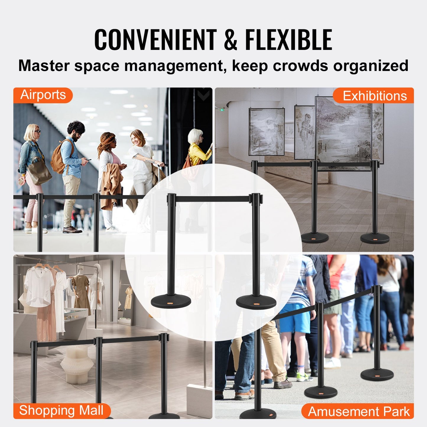 Absperrstangen, 6er-Pack Absperrgitter mit 3 schwarzen einziehbaren Gurten (2 m), Kunststoff-Warteschlangenstangen, Gurtabsperrstangen, Linientrennstangen für Flughäfen und Ausstellungen