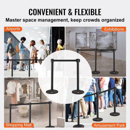 Absperrstangen, 6er-Pack Absperrgitter mit 3 schwarzen einziehbaren Gurten (2 m), Kunststoff-Warteschlangenstangen, Gurtabsperrstangen, Linientrennstangen für Flughäfen und Ausstellungen