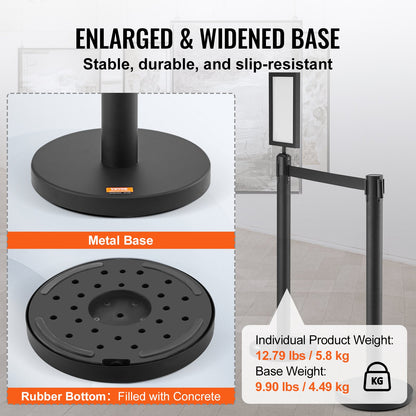 Crowd Control Stanchions, 6-Pack Crowd Control Barriers, Carbon Steel Baking Painted Stanchion Queue Post with Sign Holder & 3PCS 6.5FT Retractable Belt, Belt Barrier Line Divider, Easy Assembly